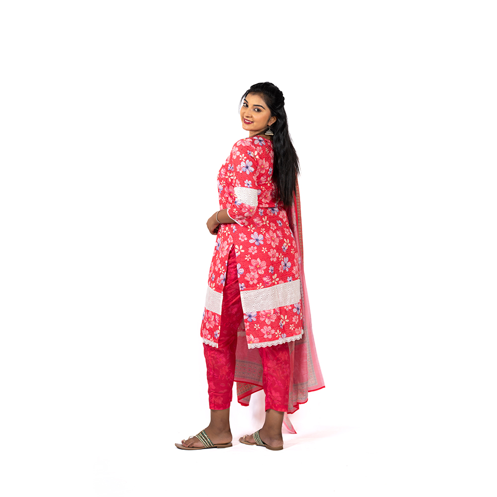 Red Cotton Hakoba Kurta with Muslin Trouser and Dupatta - Image 4
