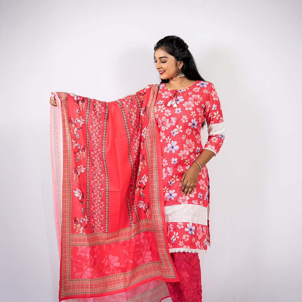 Red Cotton Hakoba Kurta with Muslin Trouser and Dupatta - Image 3