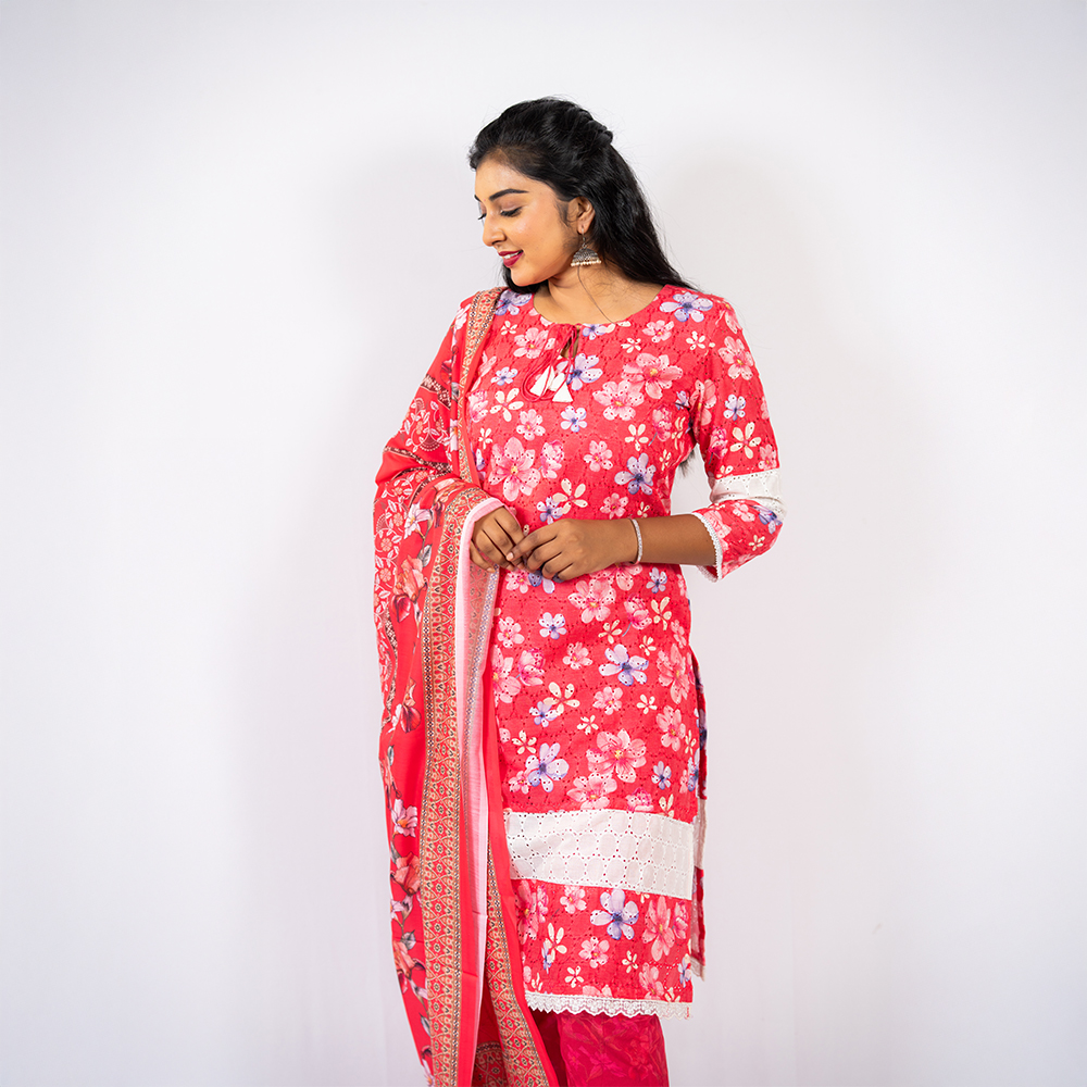 Red Cotton Hakoba Kurta with Muslin Trouser and Dupatta - Image 5