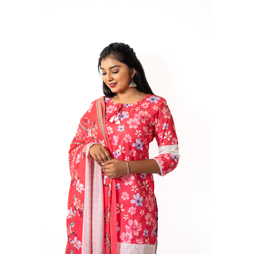 Red Cotton Hakoba Kurta with Muslin Trouser and Dupatta - Image 2