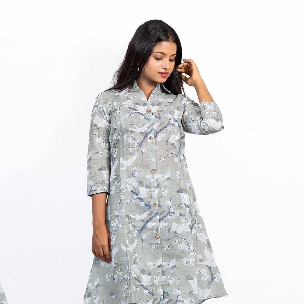 Muted Sage Green Pure Linen with Bird and Floral Pattern