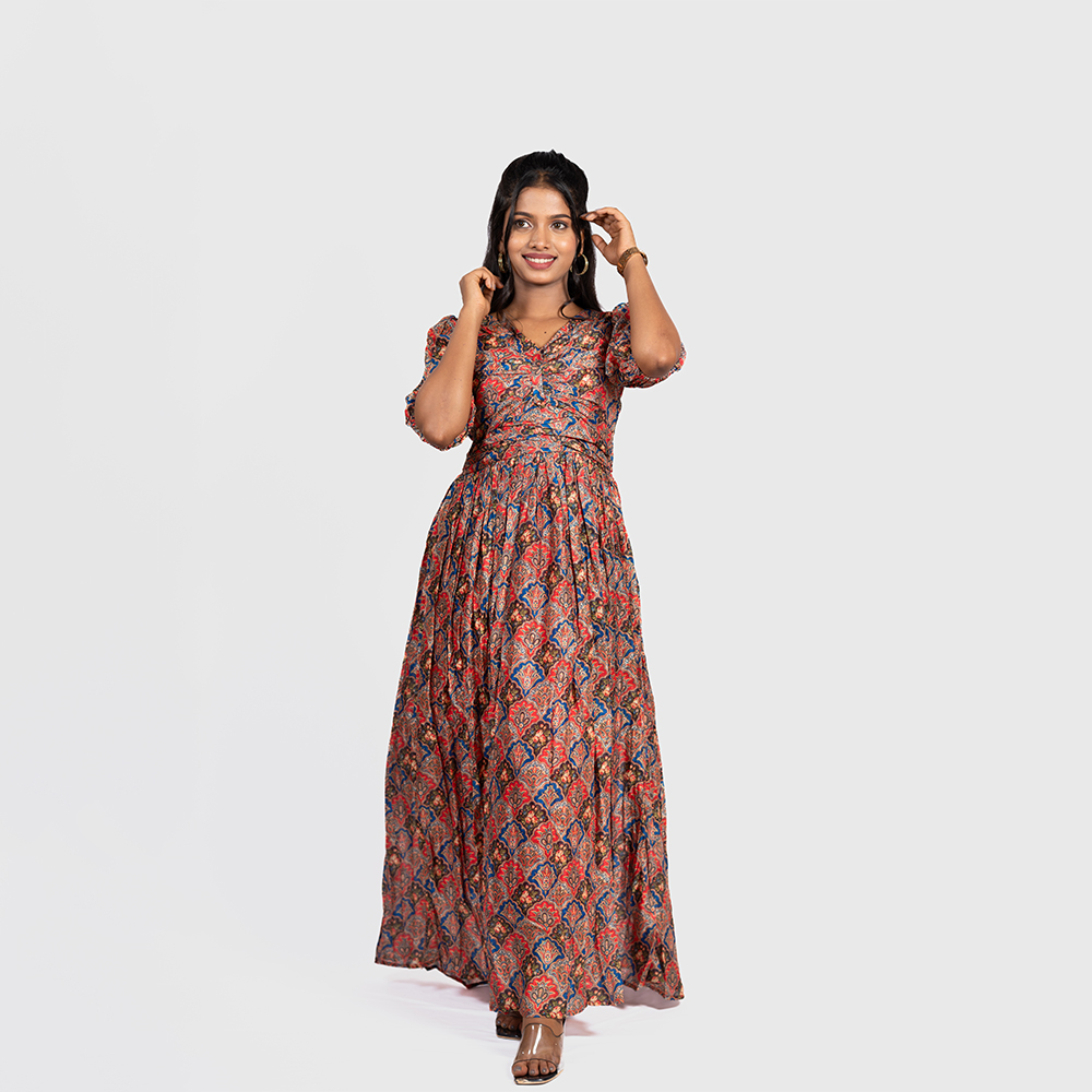 Shades of Red and Blue in Natural Crape Full-Length Gown