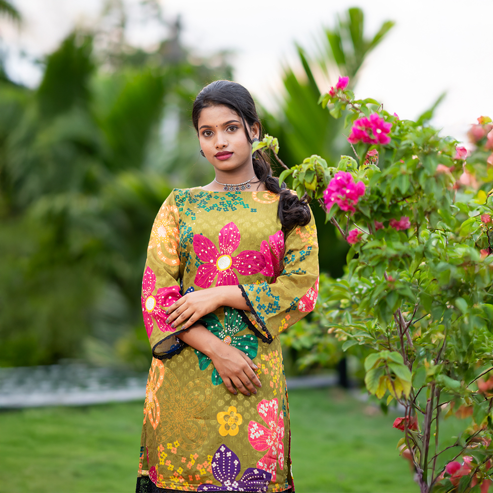 Olive Green Chiffon Butti with Black Lace and Roman Silk Tulip Pant