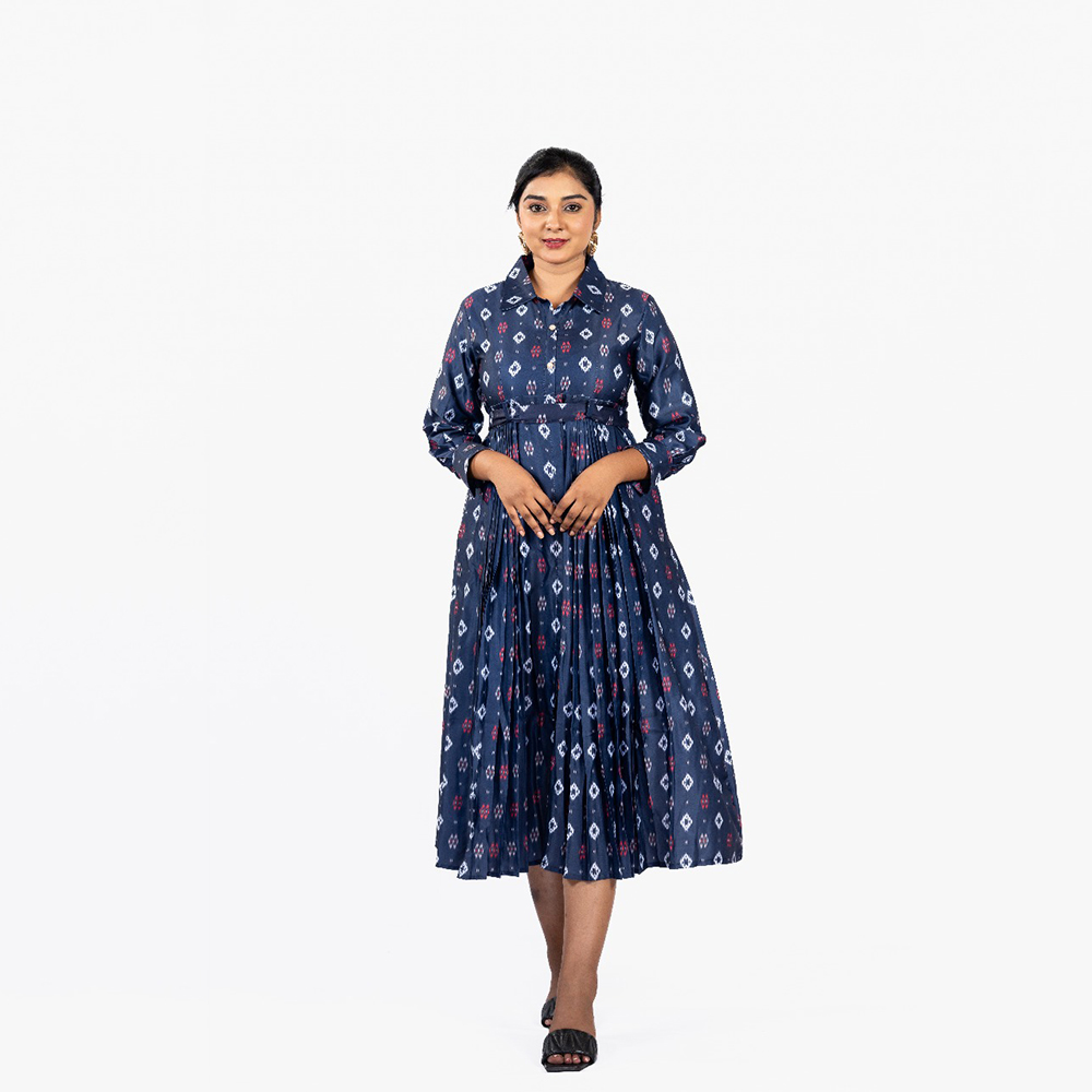 Ink Blue Linen Formal Dress with Neat Pleats and Belt to Go Along