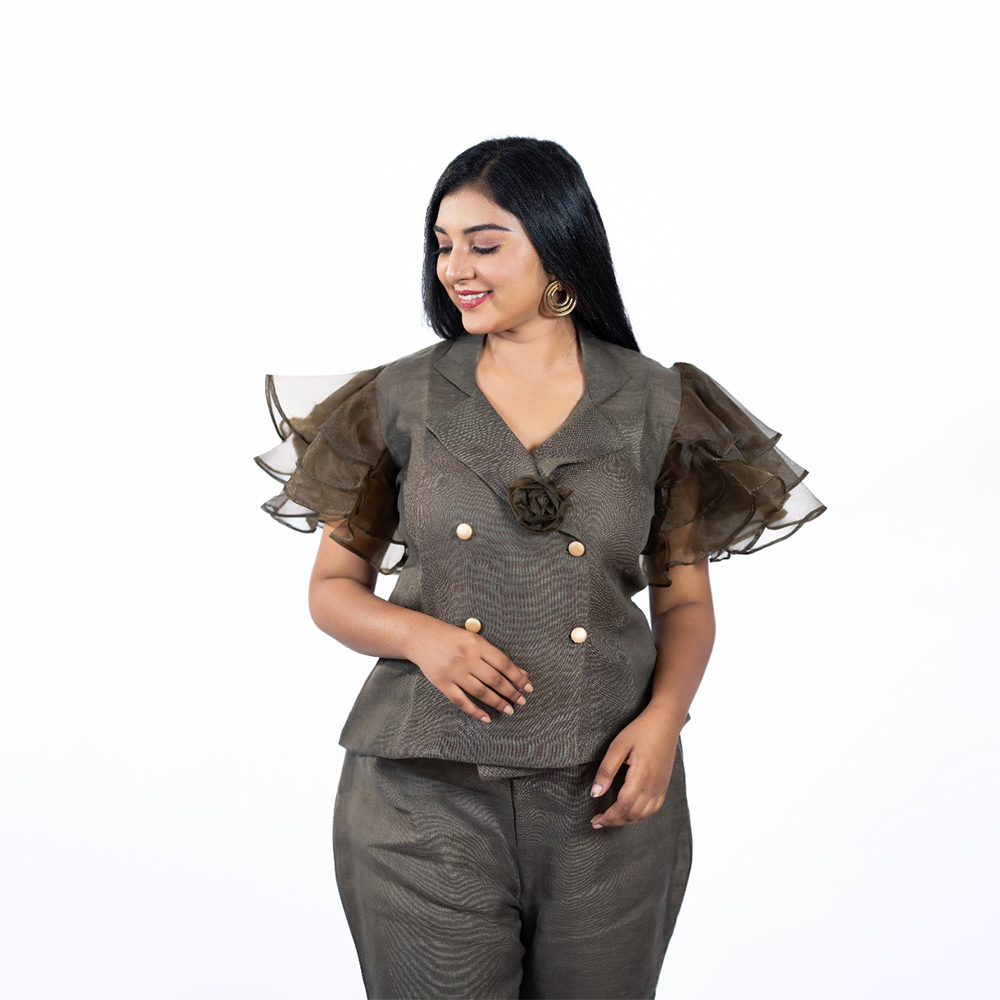 Turbo Ash Linen Cord Set with Organza Frill Sleeves