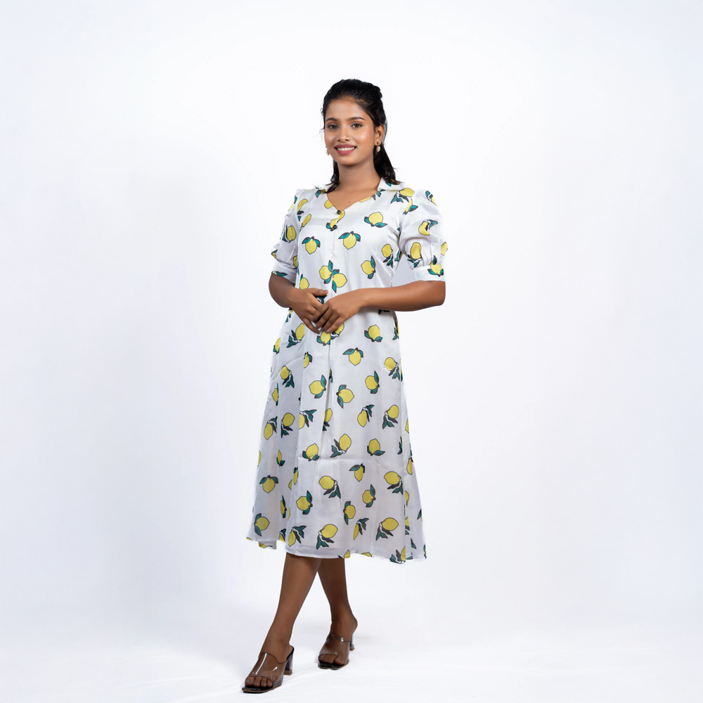 White Linen Satin with Puff Sleeves and Box Pleat