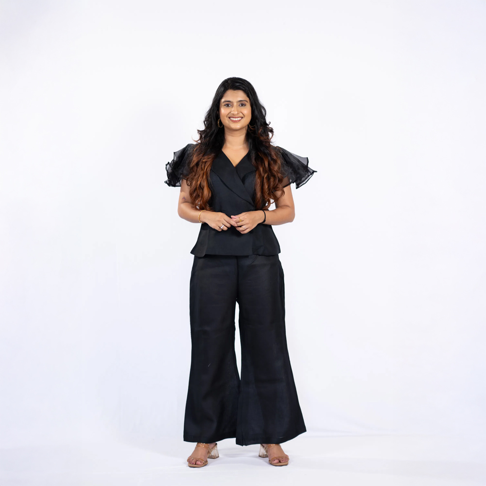 Black Linen Cord Set with Organza Frill Sleeves