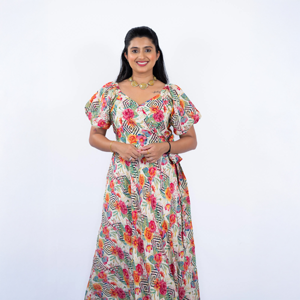 Floral Off-White Natural Crepe Dress with a Beautiful Bow