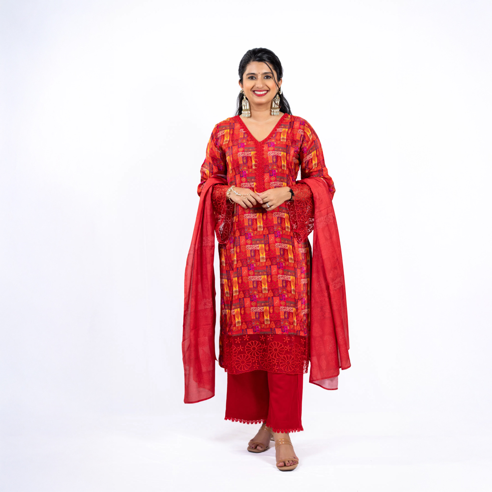 Shades of Red Pakistani Suit with Intricate Embroidery in Sleeves and Kurta Bottom