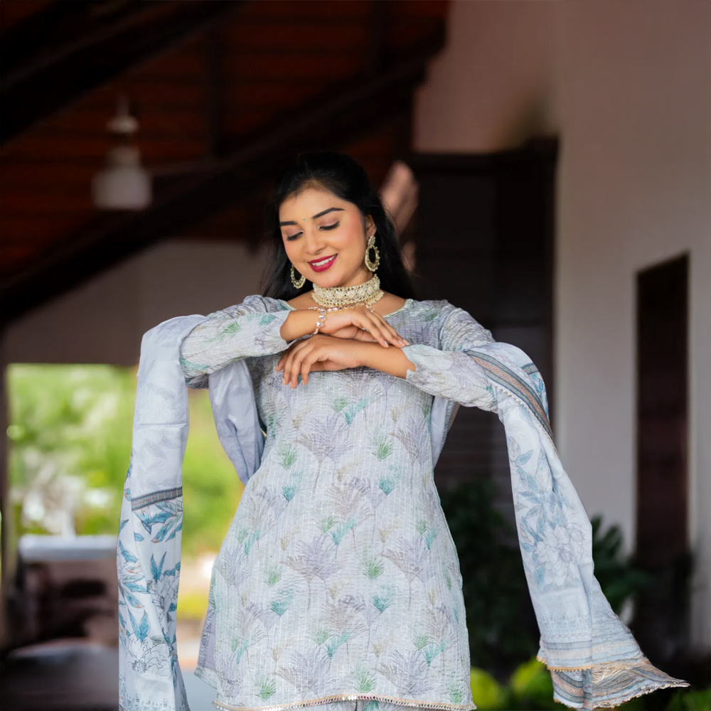 Grey Chiffon Crossover Kurta and Sharara Set with Dupatta