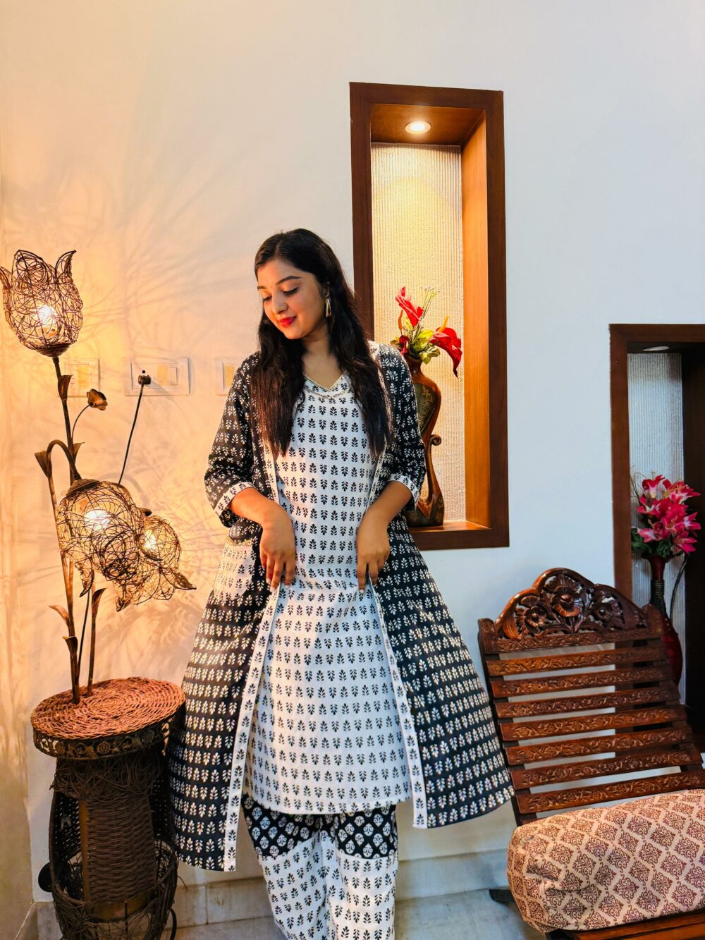 Black and White block print suit with a cotton overlay jacket